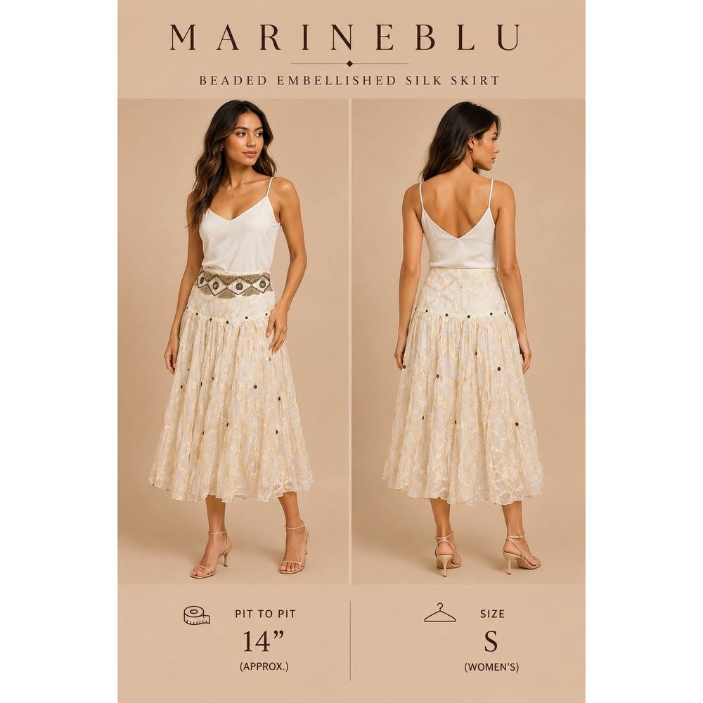 Marineblu Boho Beaded Midi Skirt Cream Gold Metallic Sequin Small Festival Skirt